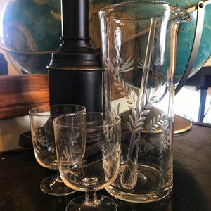 Etched Glass Barware Martini Cocktail Mixing Set: Jug Stick & 2 Glasses Handmade